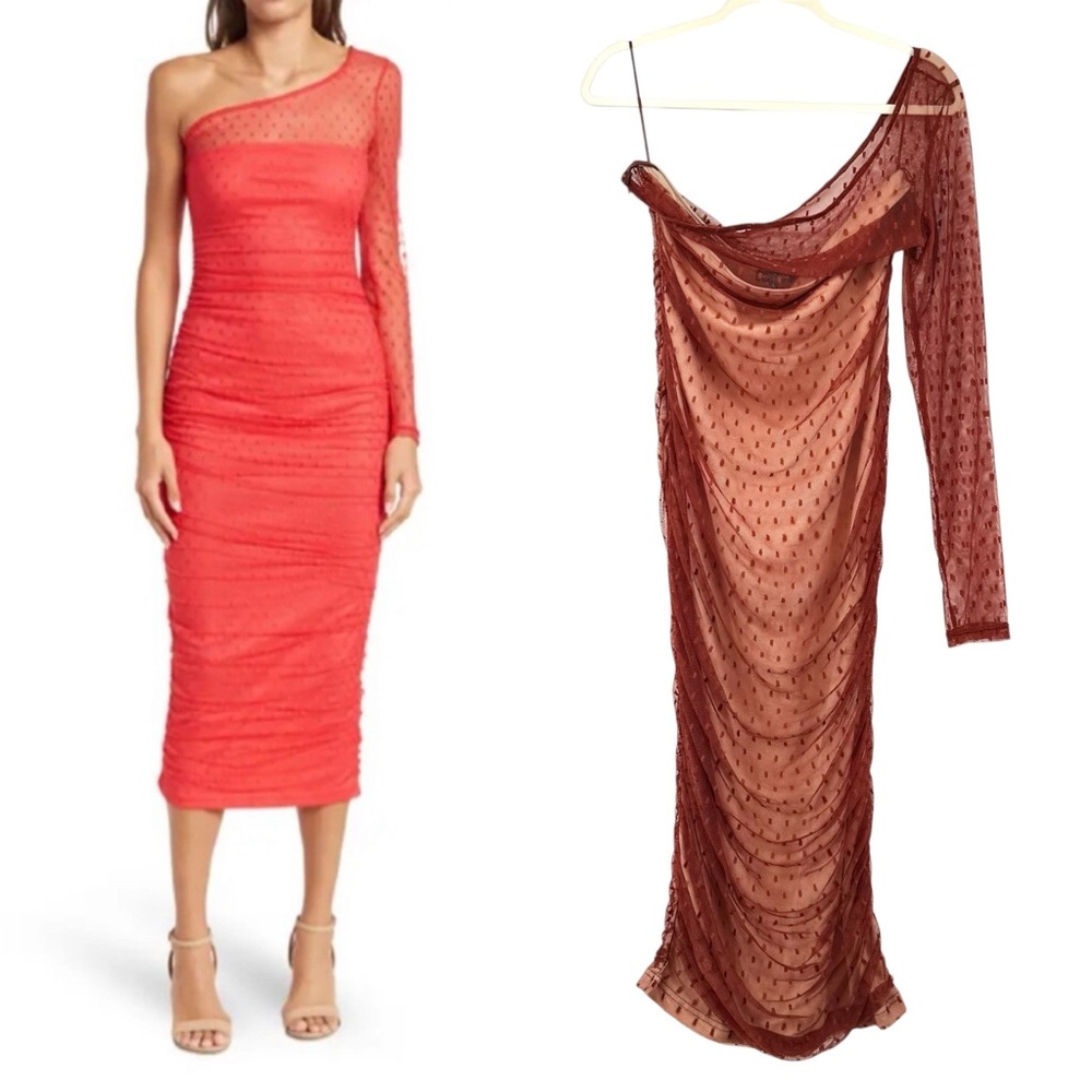 AREA Stars One Shoulder Lace Ruched Midi Dress in Brown Sz Large